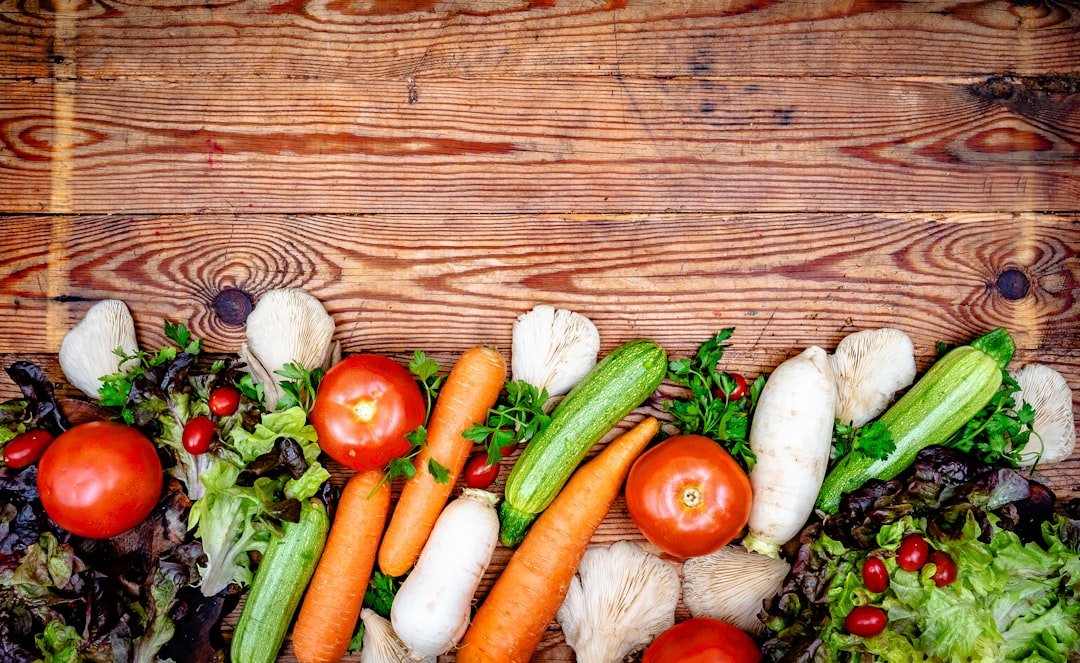 colorful fresh vegetables wooden table