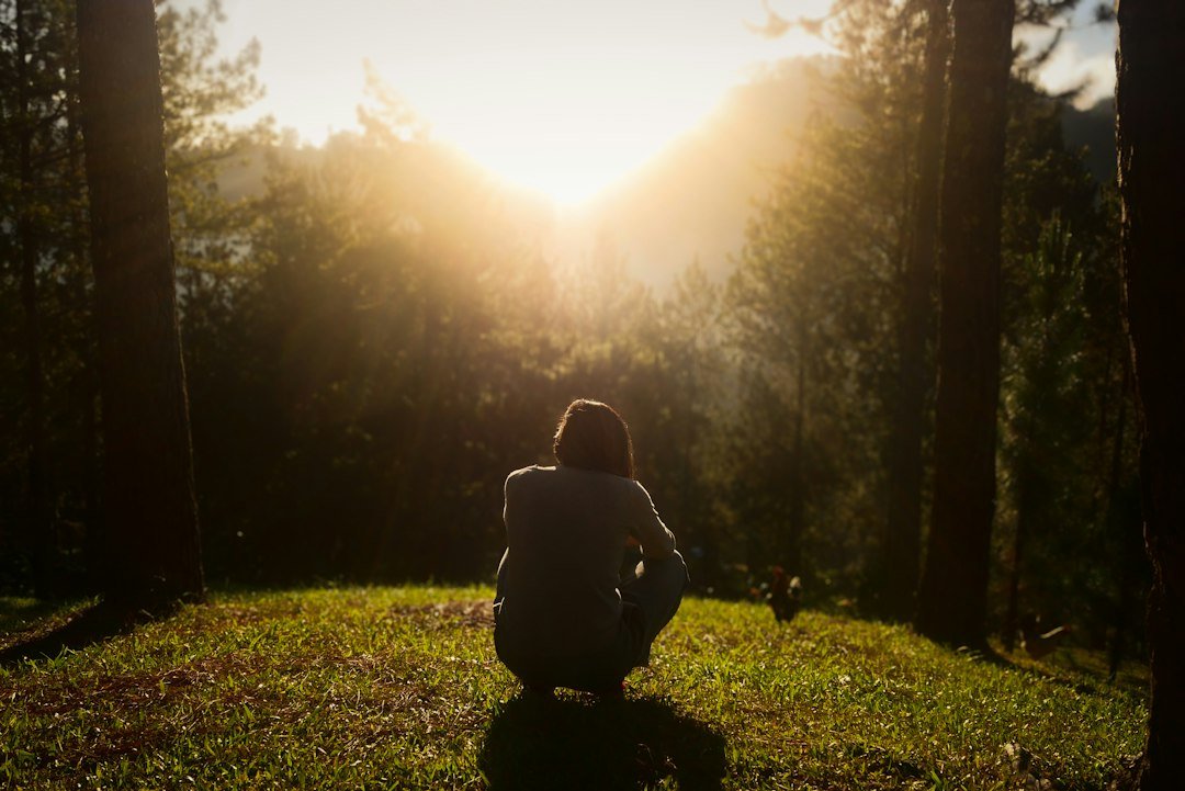 person meditating forest nature